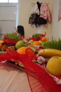 Each family brought a tray of sweets, fruit, and Semeni (wheat grass)